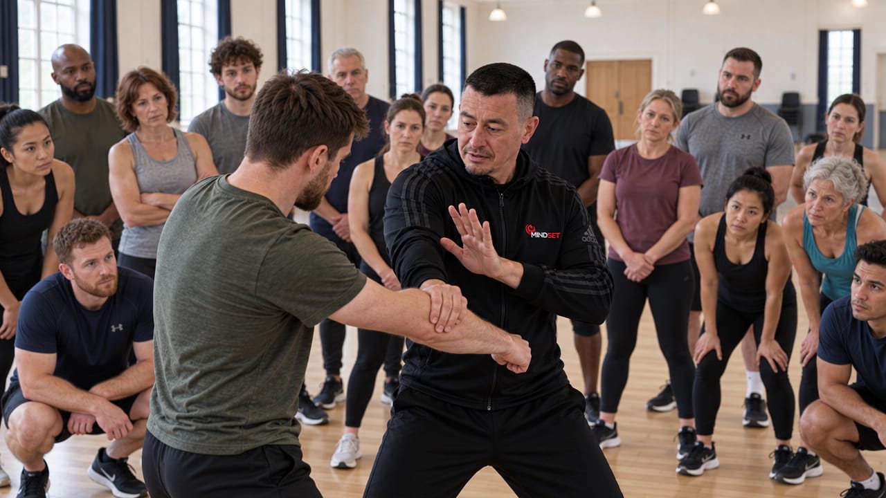 MINDSET instructor demonstrates an arm-control technique to a participant while a large group watches during a workshop.